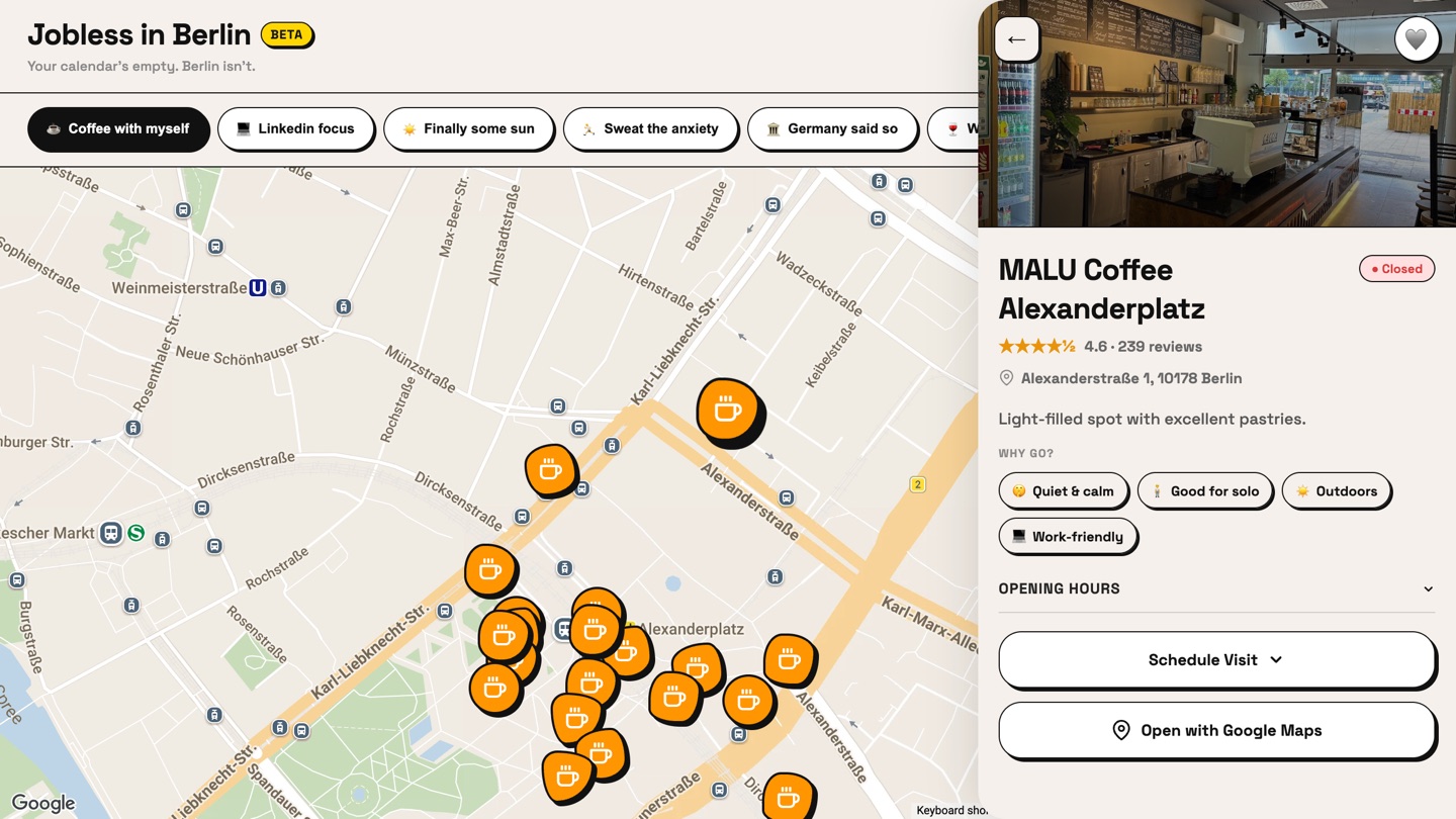 The Jobless in Berlin map with a café's details page open: rating, why go, opening hours